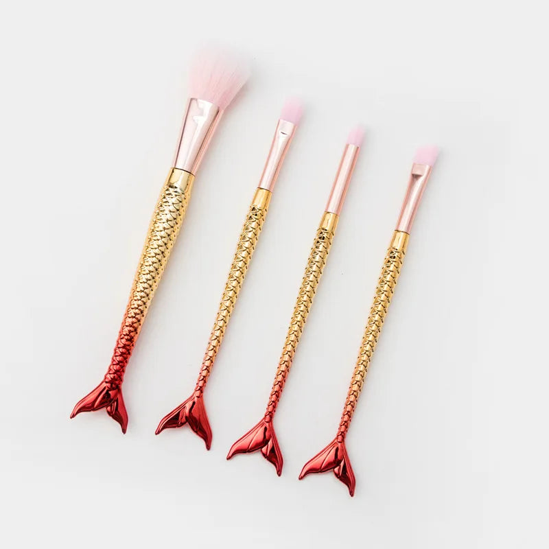 Kit 4 Pincel Sereia Para Maquiagem Blush Contorno Pó Sombra
