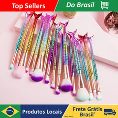 Kit 4 Pincel Sereia Para Maquiagem Blush Contorno Pó Sombra