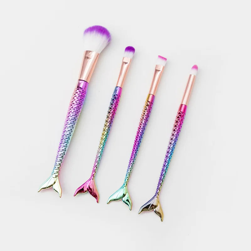 Kit 4 Pincel Sereia Para Maquiagem Blush Contorno Pó Sombra