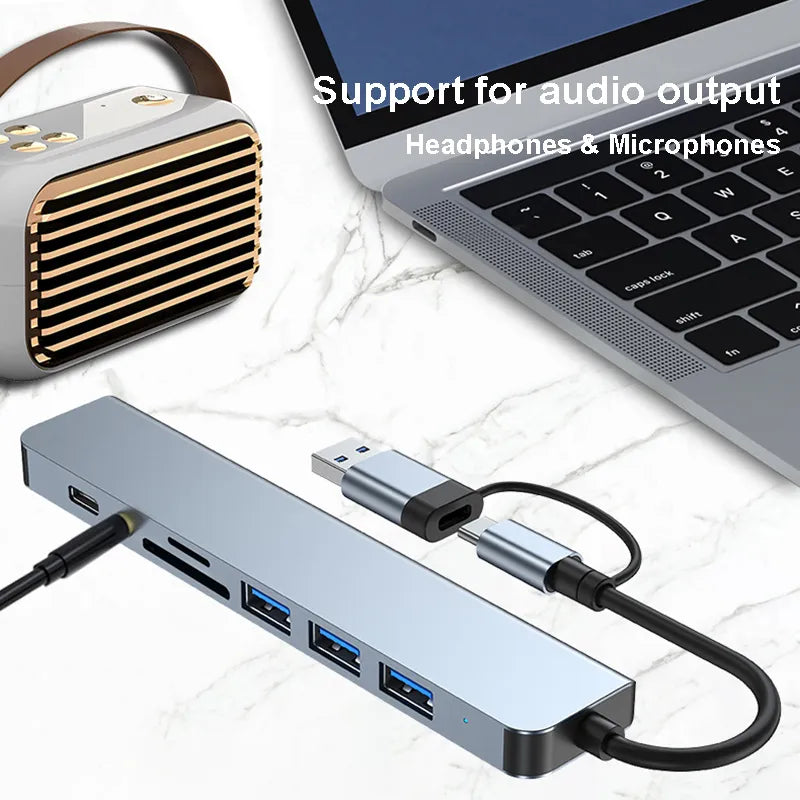 Adaptador USB tipo C para USB OTG para Macbook Pro, 8 em 2, USB 3.0, transmissão de alta velocidade, Dock Station, 5Gbps, 8 em 2 - Nossa Compra