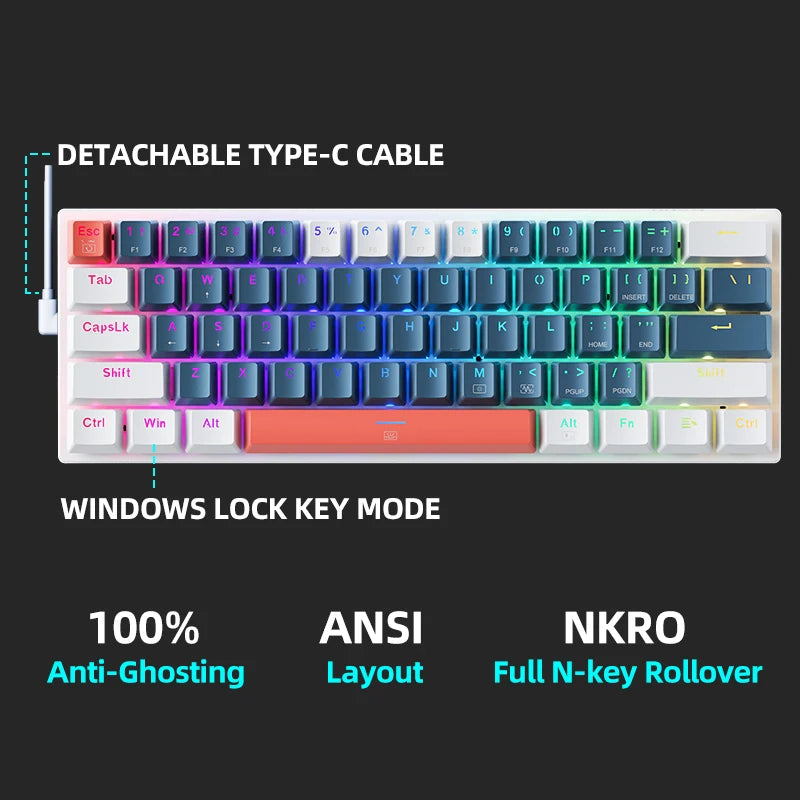 Machenike K500-B61 Mini Teclado Mecânico Formato 60% com Fio, Teclas Removíveis, Retroiluminação RGB, 61 Teclas para Jogos.