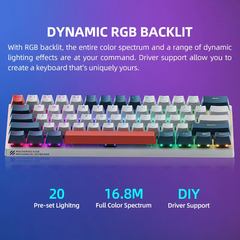 Machenike K500-B61 Mini Teclado Mecânico Formato 60% com Fio, Teclas Removíveis, Retroiluminação RGB, 61 Teclas para Jogos.