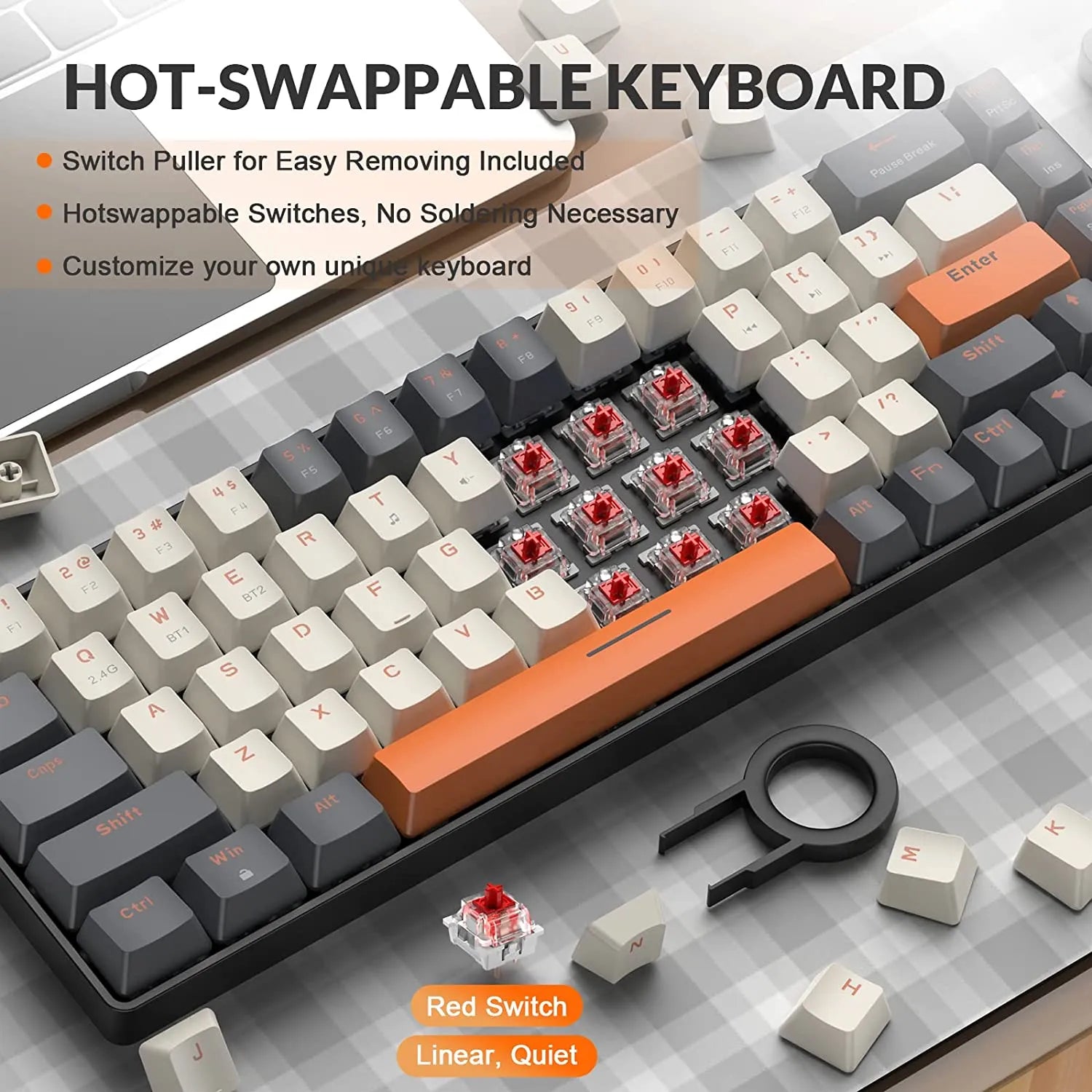 Teclado mecânico sem fio Bluetooth Dual Mode Hot-Swappable Mini 68-chave interruptor vermelho para PC PS4 Xbox iPhone iPad