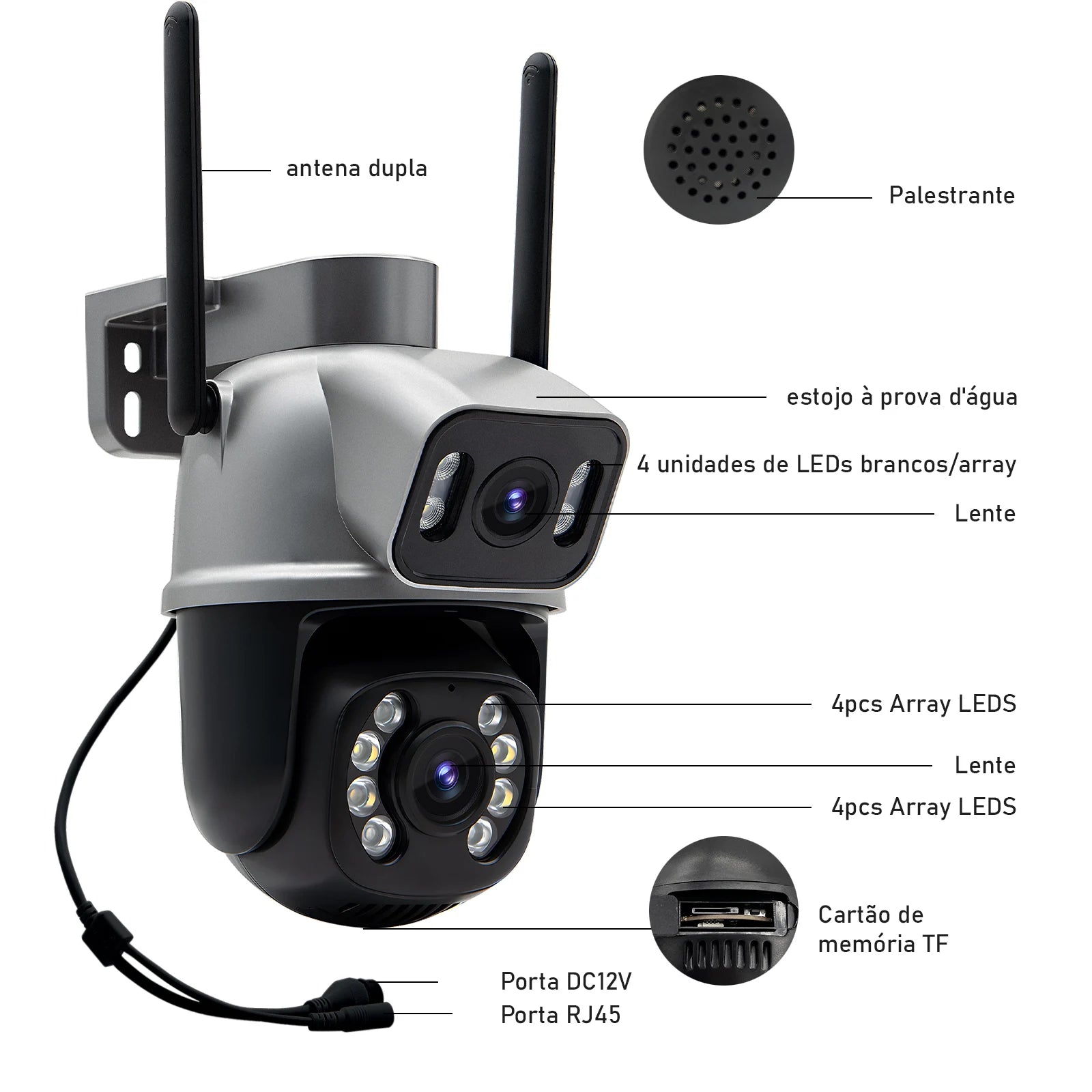 Câmera de vigilância Icsee preta Wi-Fi, monitor de câmera de segurança 4K Ultra HD, câmera de segurança Wi-Fi à prova d'água