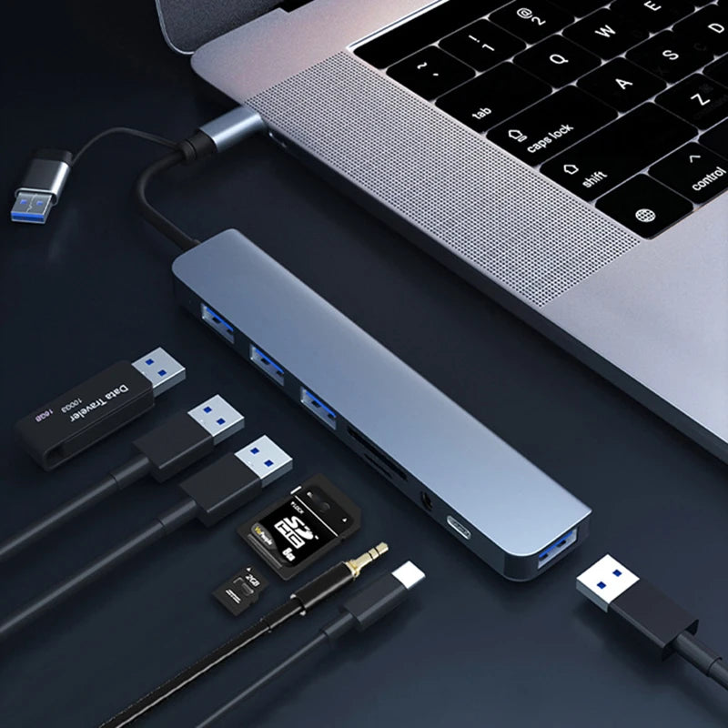 Adaptador USB tipo C para USB OTG para Macbook Pro, 8 em 2, USB 3.0, transmissão de alta velocidade, Dock Station, 5Gbps, 8 em 2 - Nossa Compra